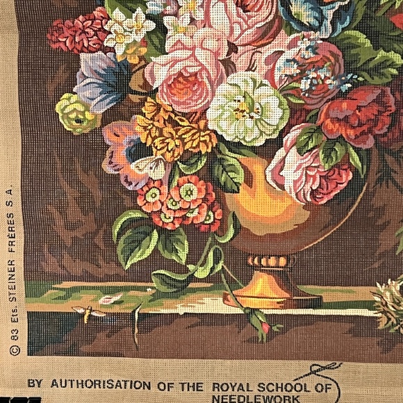 Needlepoint Canvas Hand Printed Austria Cotton Vase With Poppies Red 15" x 19" - Picture 3 of 4